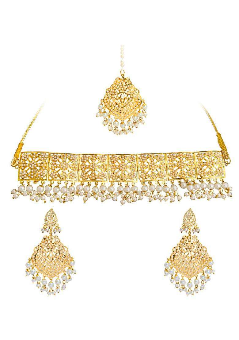 White Brass Gold-Plated Necklace Set for Women | Traditional Temple Jewellery for Wedding & Festive Wear | Gift for Her - Indya