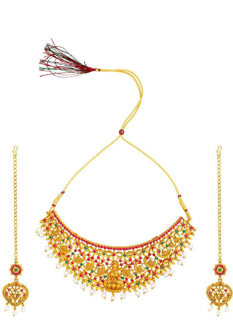Gold-Plated Kundan-Studded & Pearl-Beaded Jewellery Set for Women | Traditional Temple Jewellery for Wedding & Festive Wear | Gift for Her - Indya