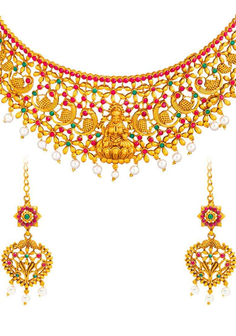 Gold-Plated Kundan-Studded & Pearl-Beaded Jewellery Set for Women | Traditional Temple Jewellery for Wedding & Festive Wear | Gift for Her - Indya