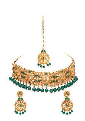 Shining Jewel-By Shivansh Gold-Plated Green Kundan Studded & Pearl Beaded Jewellery Set for Women | Traditional Temple Jewellery for Wedding & Festive Wear | Gift for Her