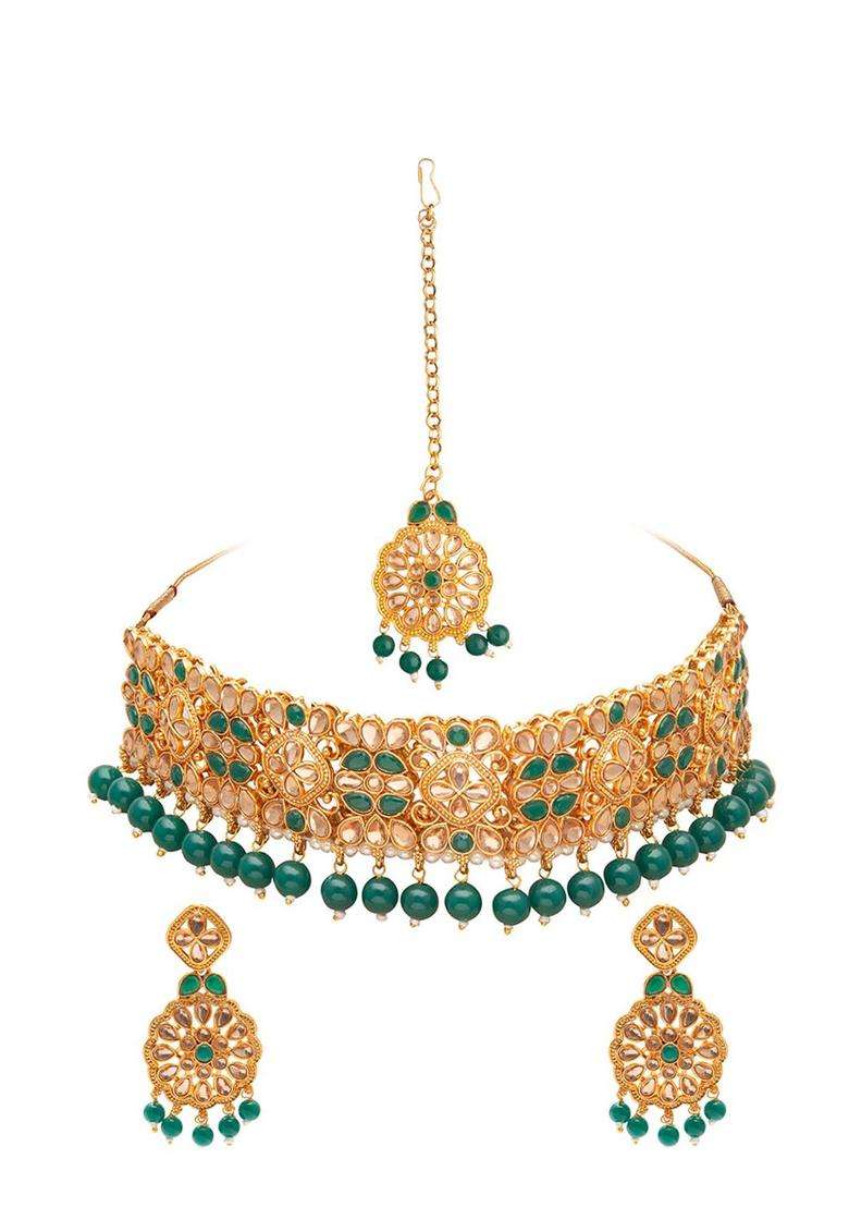 Shining Jewel-By Shivansh Gold-Plated Green Kundan Studded & Pearl Beaded Jewellery Set for Women | Traditional Temple Jewellery for Wedding & Festive Wear | Gift for Her - Indya