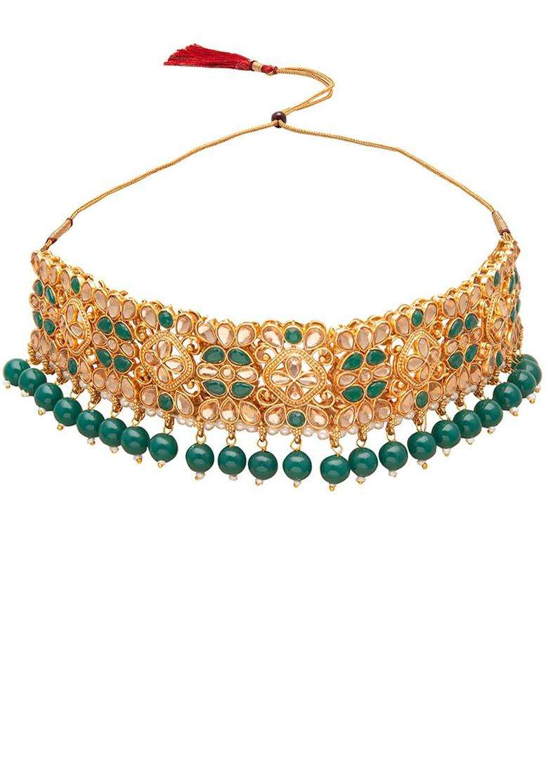 Shining Jewel-By Shivansh Gold-Plated Green Kundan Studded & Pearl Beaded Jewellery Set for Women | Traditional Temple Jewellery for Wedding & Festive Wear | Gift for Her - Indya