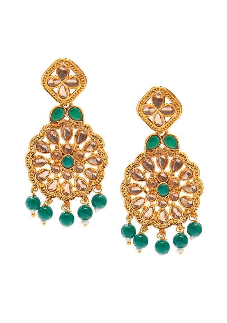 Shining Jewel-By Shivansh Gold-Plated Green Kundan Studded & Pearl Beaded Jewellery Set for Women | Traditional Temple Jewellery for Wedding & Festive Wear | Gift for Her - Indya