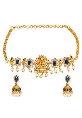 Gold-Plated Blue & White Stone Studded Beaded Jewellery Set for Women | Traditional Temple Jewellery for Wedding & Festive Wear | Gift for Her