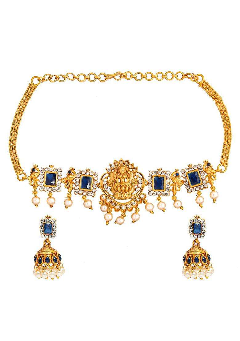 Gold-Plated Blue & White Stone Studded Beaded Jewellery Set for Women | Traditional Temple Jewellery for Wedding & Festive Wear | Gift for Her - Indya