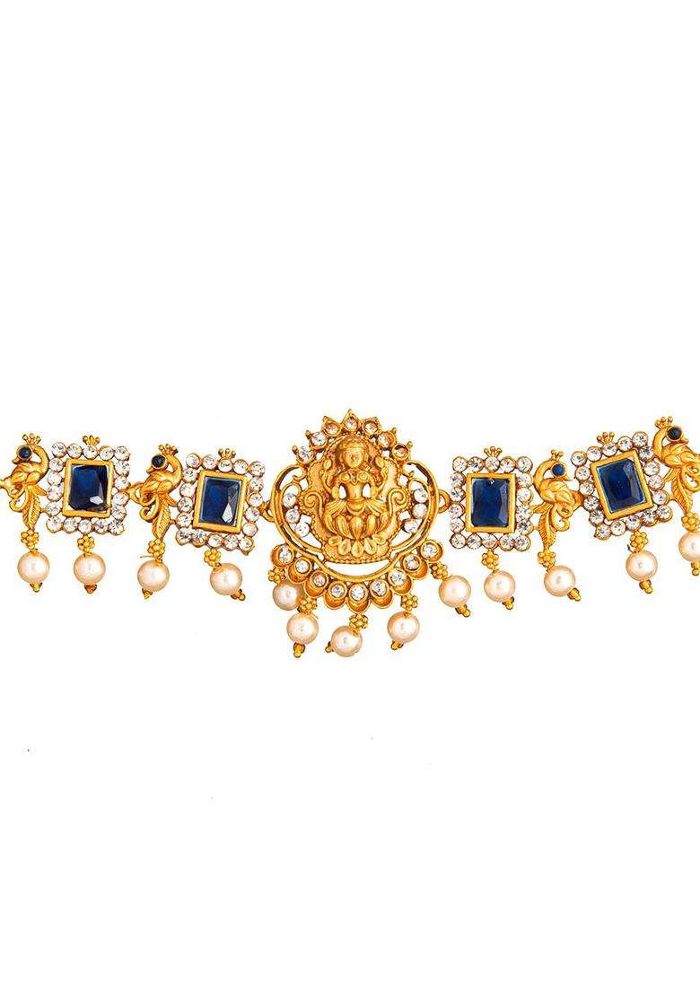 Gold-Plated Blue & White Stone Studded Beaded Jewellery Set for Women | Traditional Temple Jewellery for Wedding & Festive Wear | Gift for Her - Indya