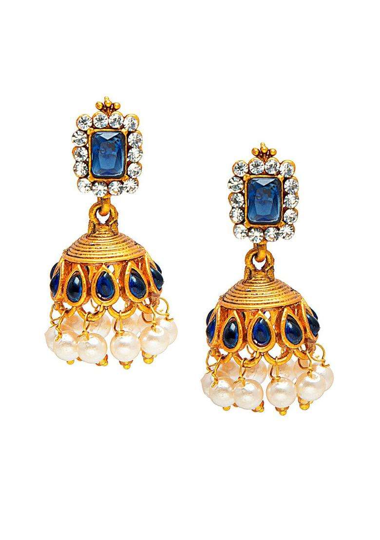 Gold-Plated Blue & White Stone Studded Beaded Jewellery Set for Women | Traditional Temple Jewellery for Wedding & Festive Wear | Gift for Her - Indya