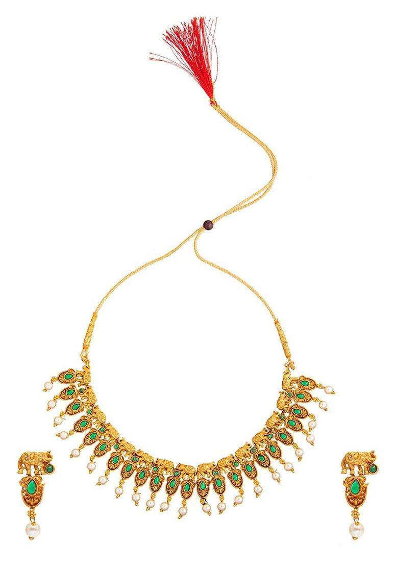 Gold-Plated Stone-Studded & Pearl Beaded Temple Jewellery Set for Women | Traditional Temple Jewellery for Wedding & Festive Wear | Gift for Her - Indya