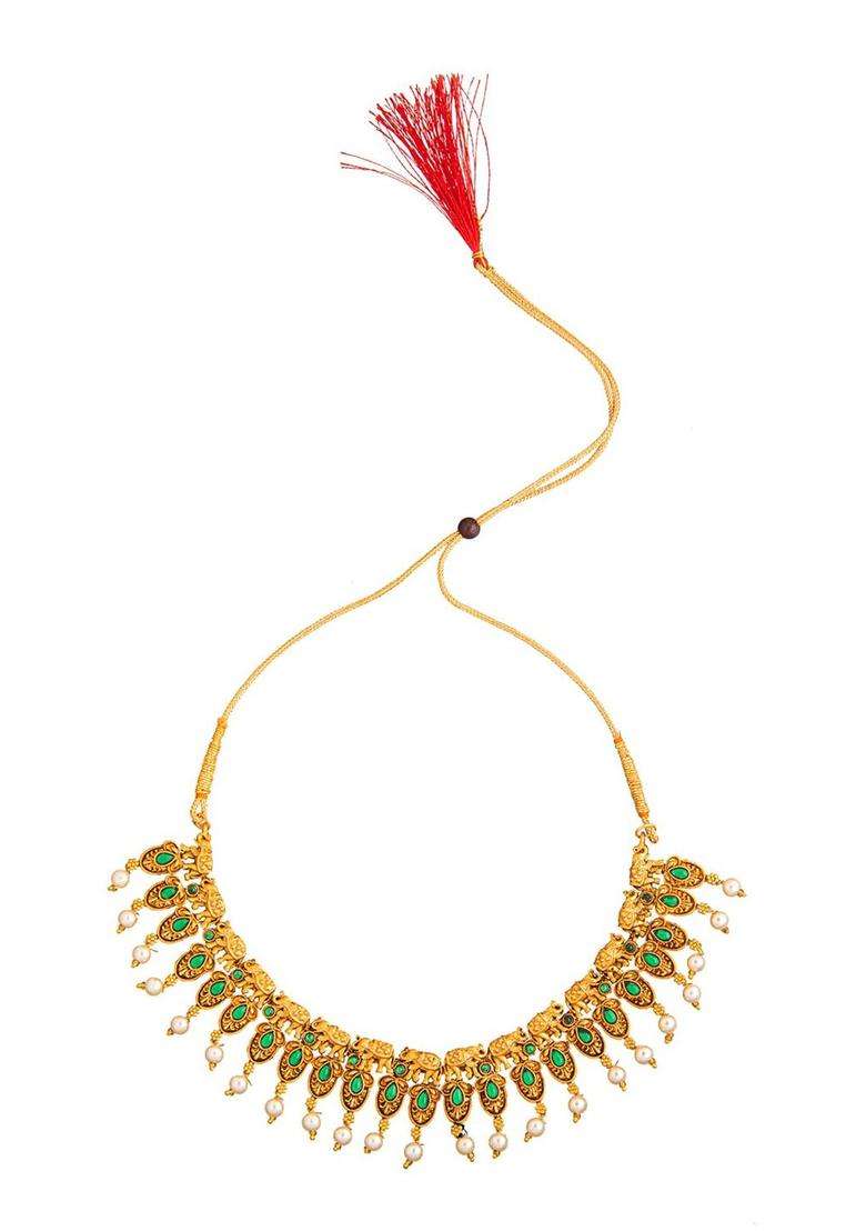 Gold-Plated Stone-Studded & Pearl Beaded Temple Jewellery Set for Women | Traditional Temple Jewellery for Wedding & Festive Wear | Gift for Her - Indya