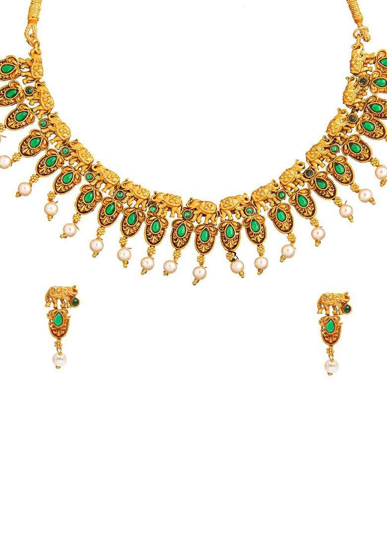 Gold-Plated Stone-Studded & Pearl Beaded Temple Jewellery Set for Women | Traditional Temple Jewellery for Wedding & Festive Wear | Gift for Her - Indya