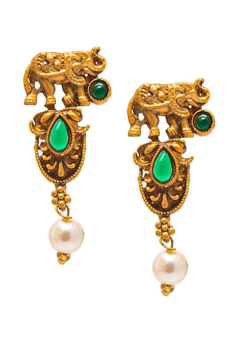 Gold-Plated Stone-Studded & Pearl Beaded Temple Jewellery Set for Women | Traditional Temple Jewellery for Wedding & Festive Wear | Gift for Her - Indya