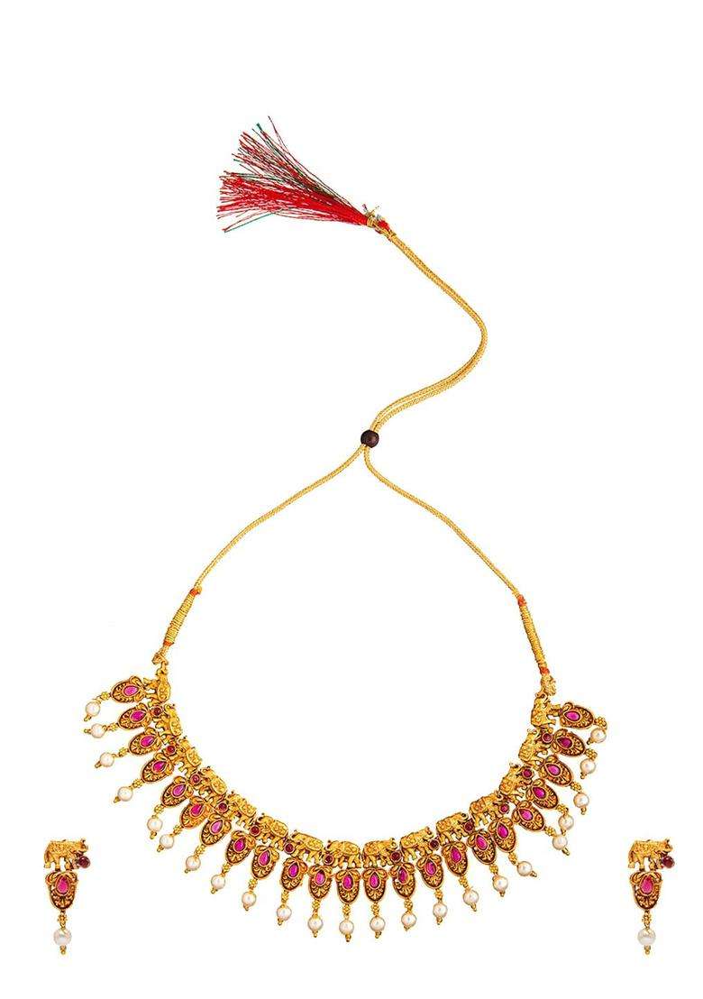 Gold-Plated Stone-Studded & Beaded Temple Choker Jewellery Set for Women | Traditional Temple Jewellery for Wedding & Festive Wear | Gift for Her - Indya