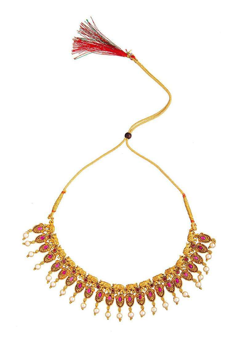 Gold-Plated Stone-Studded & Beaded Temple Choker Jewellery Set for Women | Traditional Temple Jewellery for Wedding & Festive Wear | Gift for Her - Indya