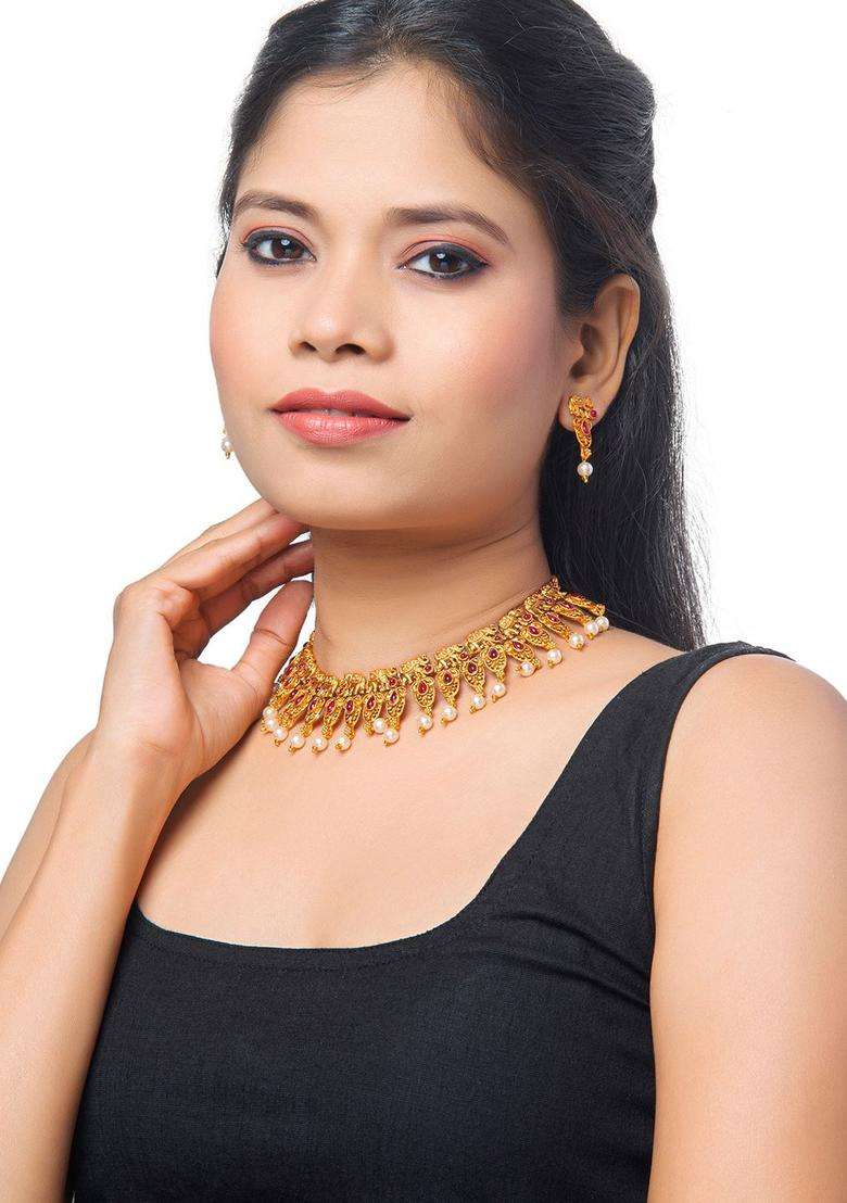 Gold-Plated Stone-Studded & Beaded Temple Choker Jewellery Set for Women | Traditional Temple Jewellery for Wedding & Festive Wear | Gift for Her - Indya