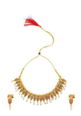 Gold-Plated Pink & Green Stone-Studded Choker Jewellery Set for Women | Traditional Temple Jewellery for Wedding & Festive Wear | Gift for Her