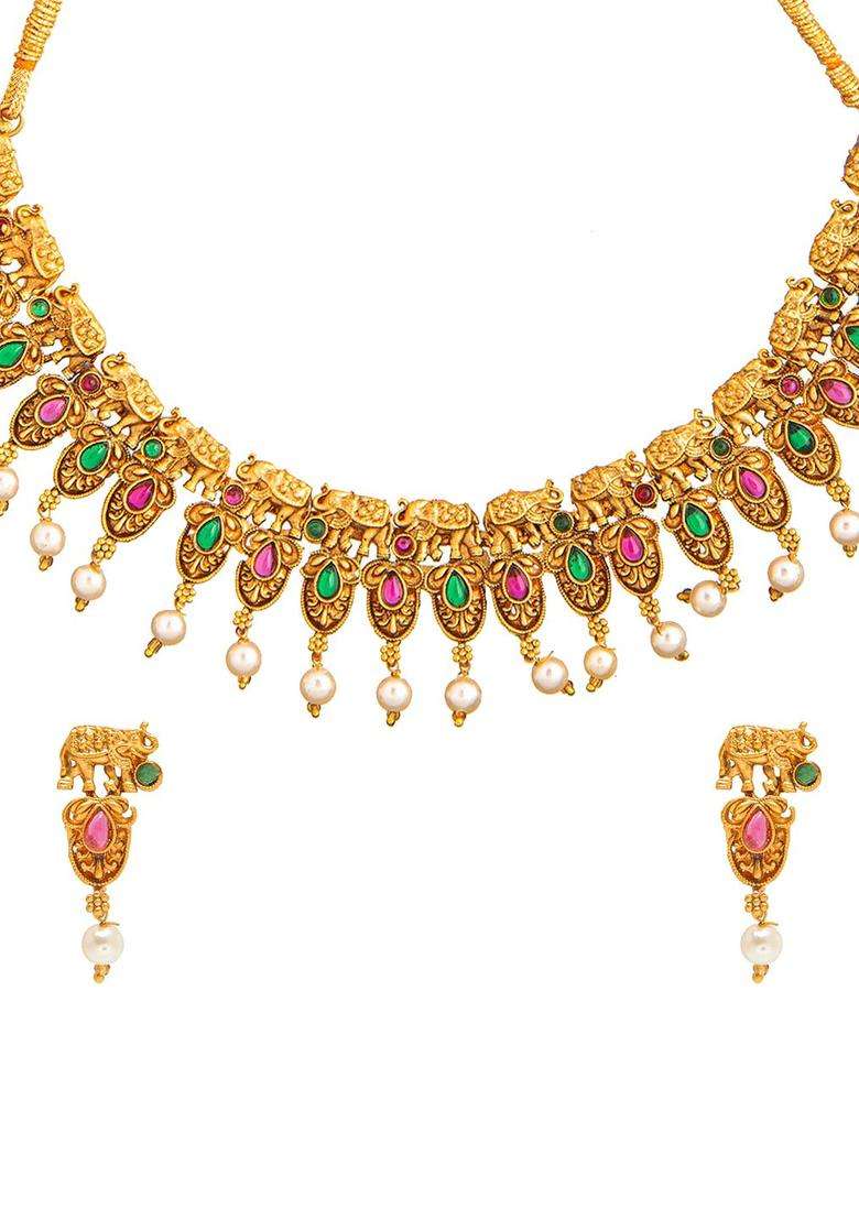 Gold-Plated Pink & Green Stone-Studded Choker Jewellery Set for Women | Traditional Temple Jewellery for Wedding & Festive Wear | Gift for Her - Indya
