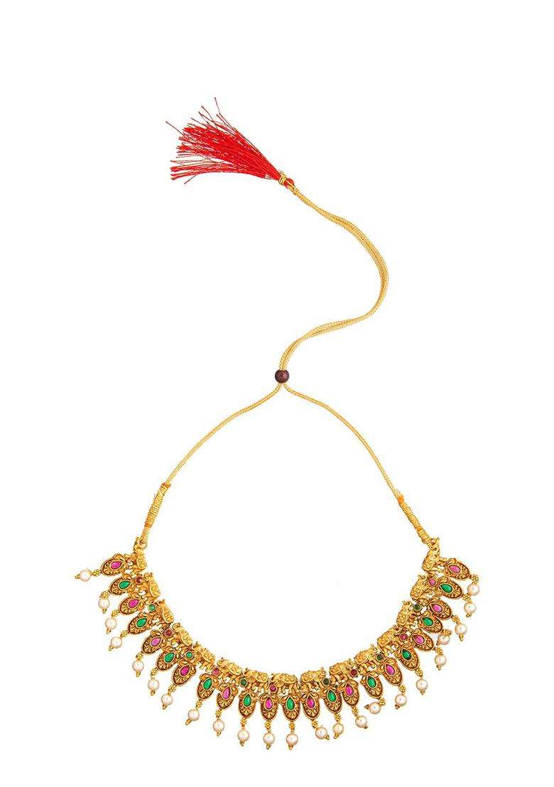 Gold-Plated Pink & Green Stone-Studded Choker Jewellery Set for Women | Traditional Temple Jewellery for Wedding & Festive Wear | Gift for Her - Indya