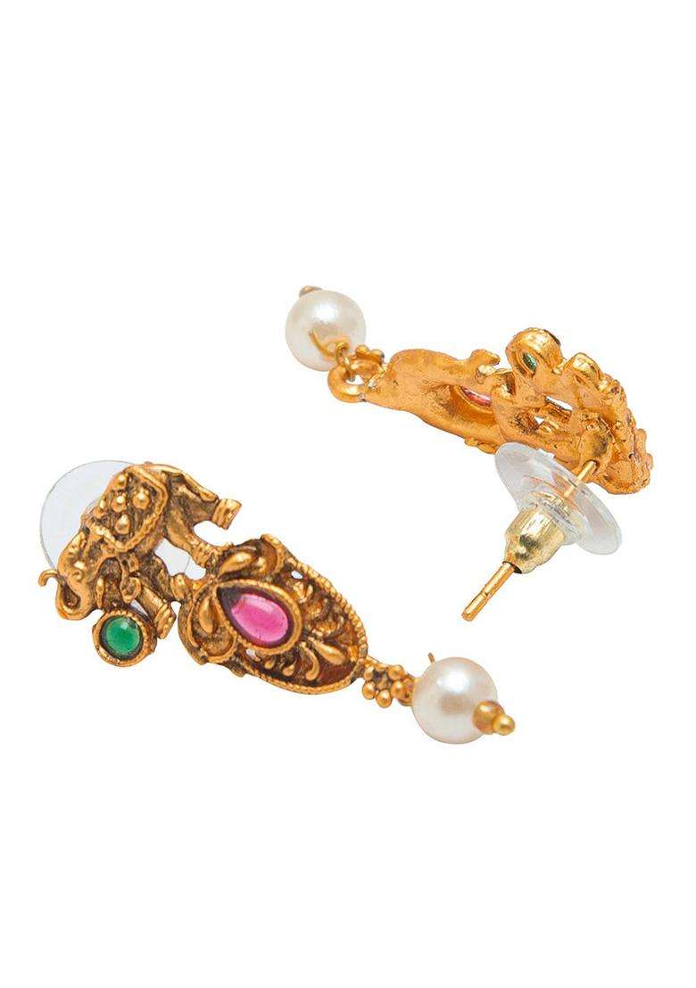Gold-Plated Pink & Green Stone-Studded Choker Jewellery Set for Women | Traditional Temple Jewellery for Wedding & Festive Wear | Gift for Her - Indya