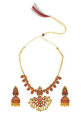 Gold-Plated Stone Studded Temple Necklace & Earrings Set for Women | Traditional Temple Jewellery for Wedding & Festive Wear | Gift for Her