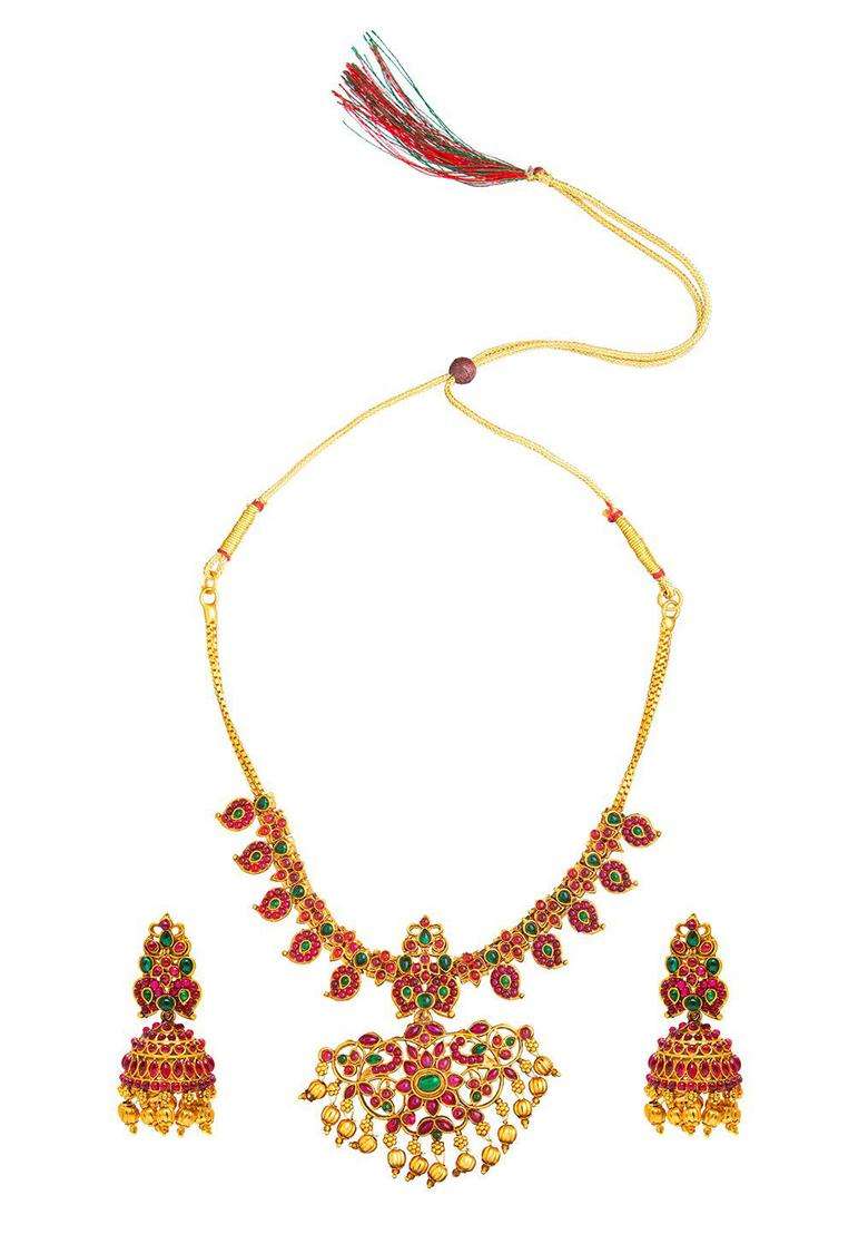 Gold-Plated Stone Studded Temple Necklace & Earrings Set for Women | Traditional Temple Jewellery for Wedding & Festive Wear | Gift for Her - Indya