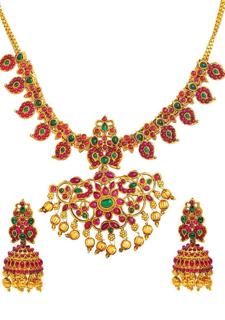 Gold-Plated Stone Studded Temple Necklace & Earrings Set for Women | Traditional Temple Jewellery for Wedding & Festive Wear | Gift for Her - Indya