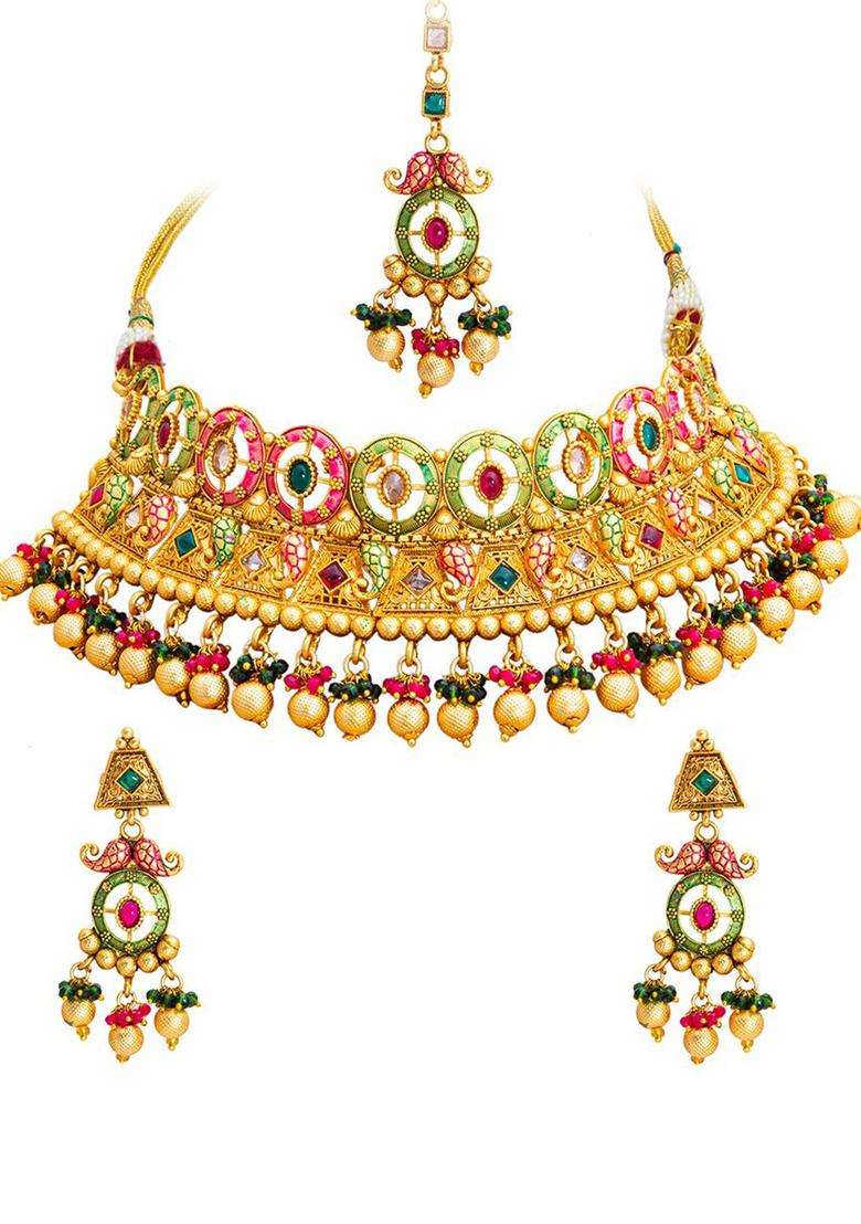 Gold-Plated Stone-Studded & Beaded Jewellery Set for Women | Traditional Temple Jewellery for Wedding & Festive Wear | Gift for Her - Indya