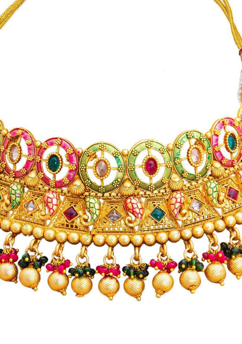 Gold-Plated Stone-Studded & Beaded Jewellery Set for Women | Traditional Temple Jewellery for Wedding & Festive Wear | Gift for Her - Indya
