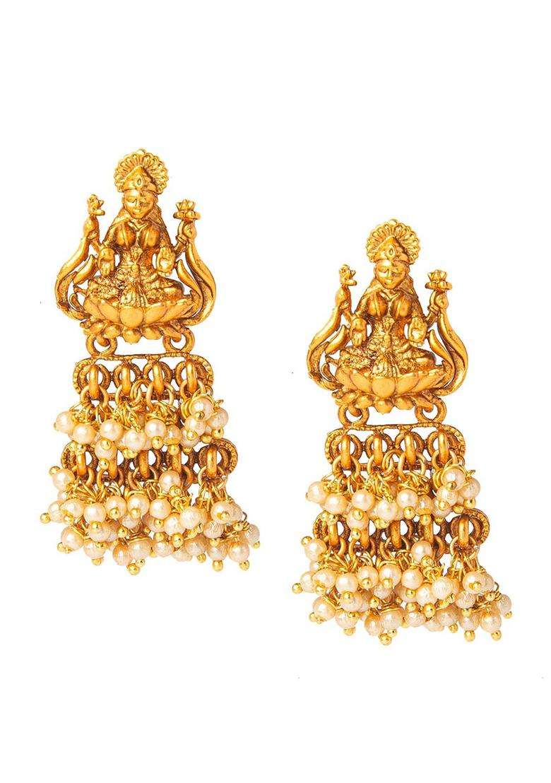 Gold-Toned Contemporary Jhumkas Earrings with Pearl for Women | Traditional Temple Jewellery for Wedding & Festive Wear | Gift for Her - Indya