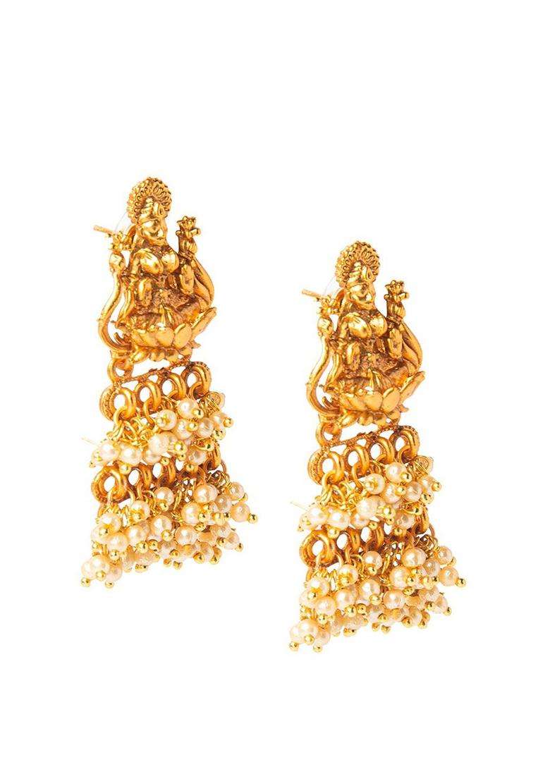 Gold-Toned Contemporary Jhumkas Earrings with Pearl for Women | Traditional Temple Jewellery for Wedding & Festive Wear | Gift for Her - Indya