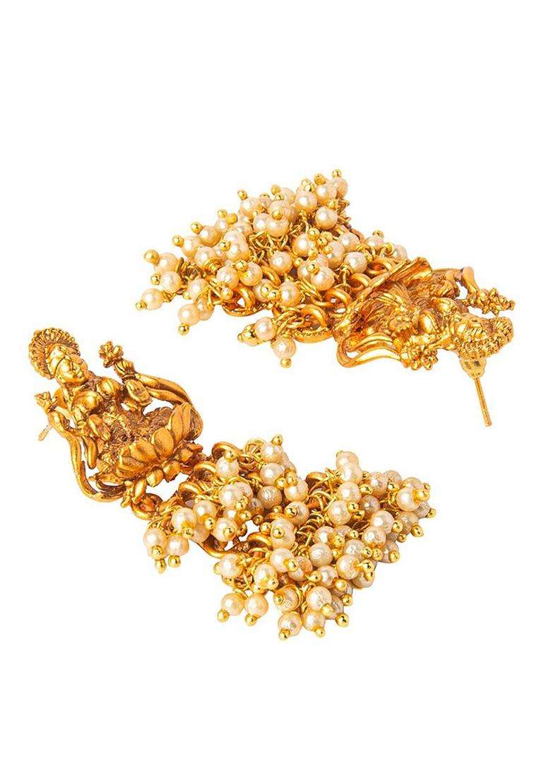 Gold-Toned Contemporary Jhumkas Earrings with Pearl for Women | Traditional Temple Jewellery for Wedding & Festive Wear | Gift for Her - Indya