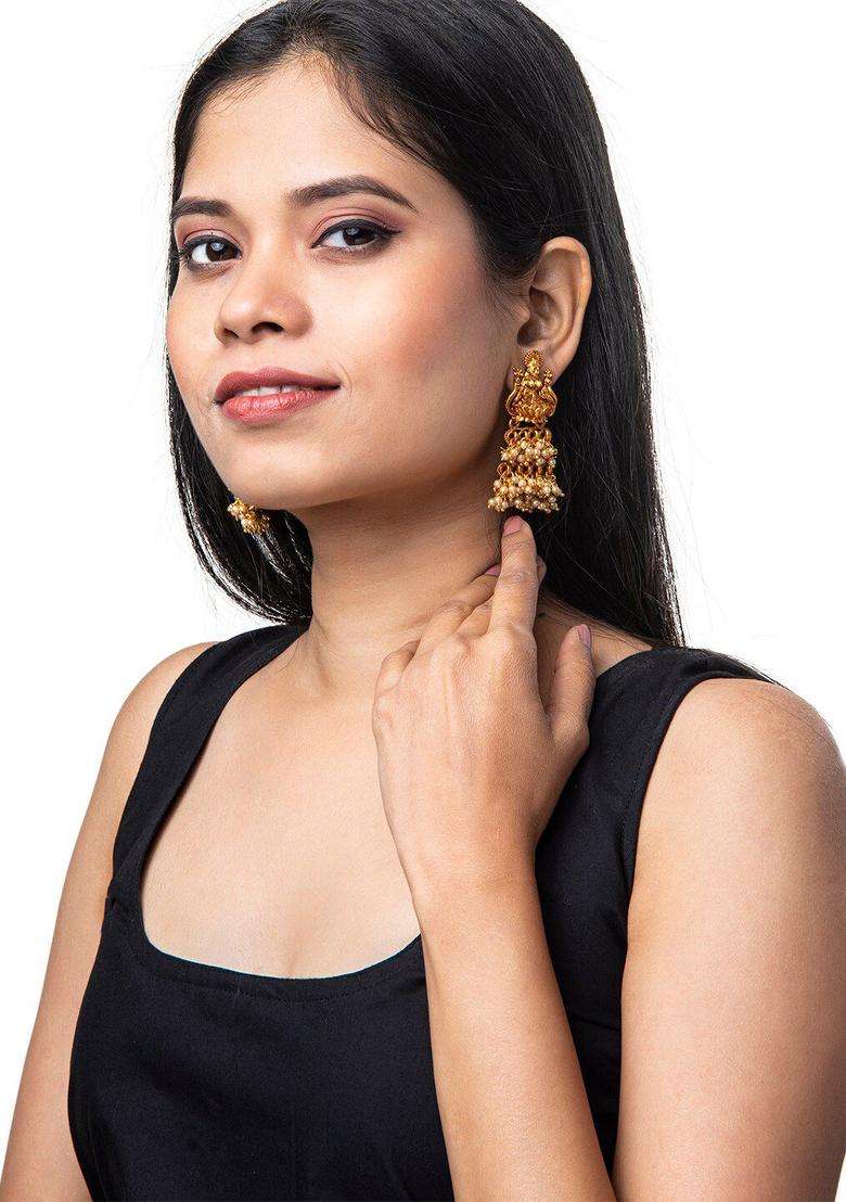 Gold-Toned Contemporary Jhumkas Earrings with Pearl for Women | Traditional Temple Jewellery for Wedding & Festive Wear | Gift for Her - Indya