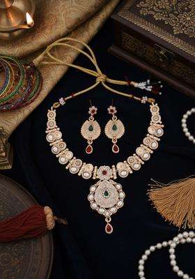 Brass-Plated Stones-Studded Jewellery Set for Women | Traditional Temple Jewellery for Wedding & Festive Wear | Gift for Her