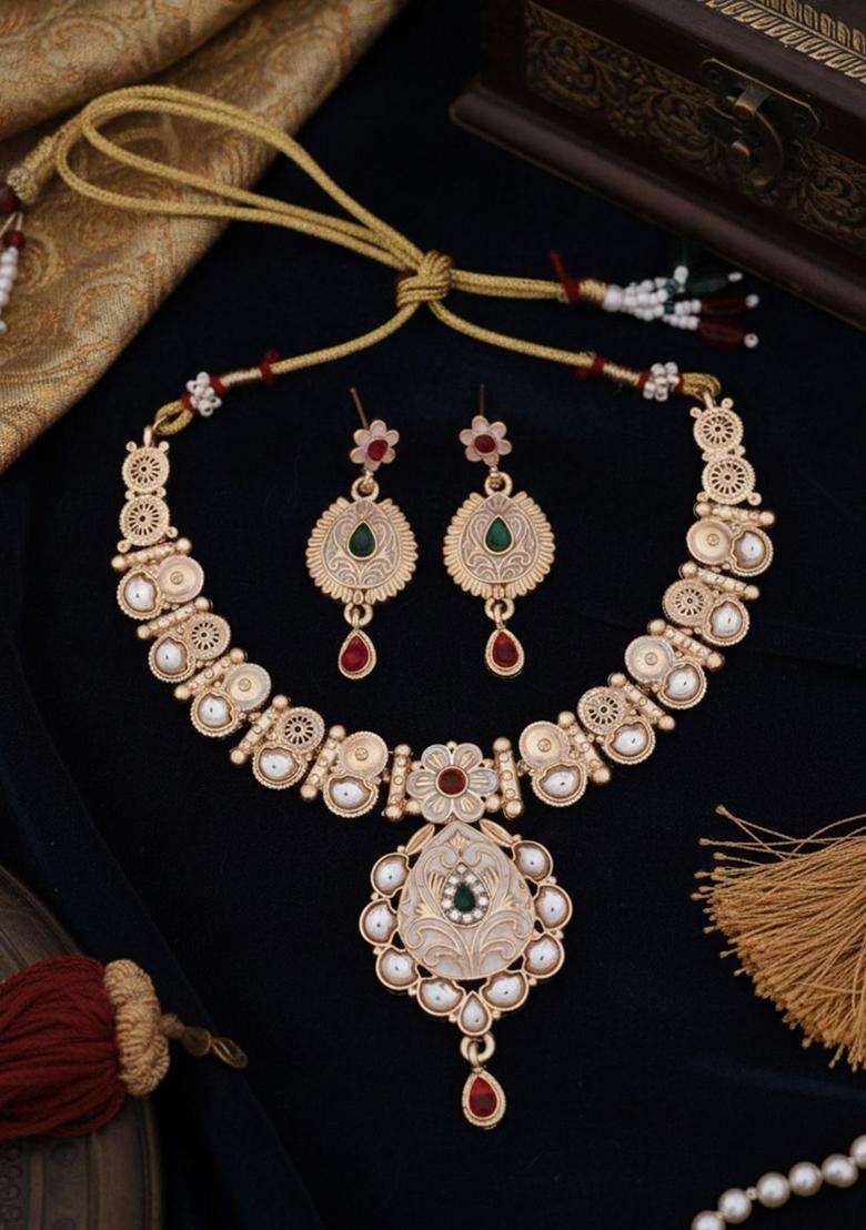 Brass-Plated Stones-Studded Jewellery Set for Women | Traditional Temple Jewellery for Wedding & Festive Wear | Gift for Her - Indya