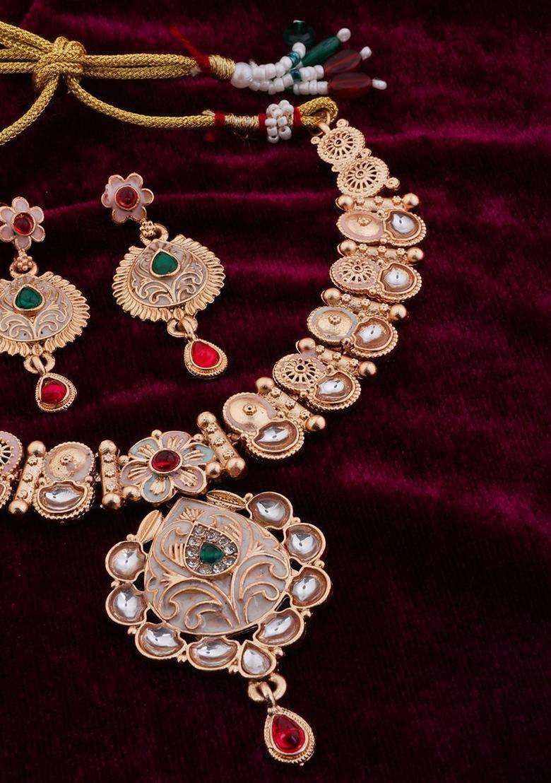 Brass-Plated Stones-Studded Jewellery Set for Women | Traditional Temple Jewellery for Wedding & Festive Wear | Gift for Her - Indya