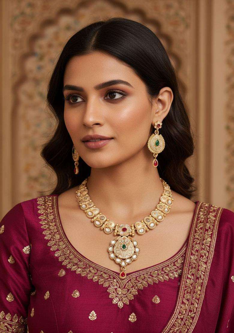 Brass-Plated Stones-Studded Jewellery Set for Women | Traditional Temple Jewellery for Wedding & Festive Wear | Gift for Her - Indya