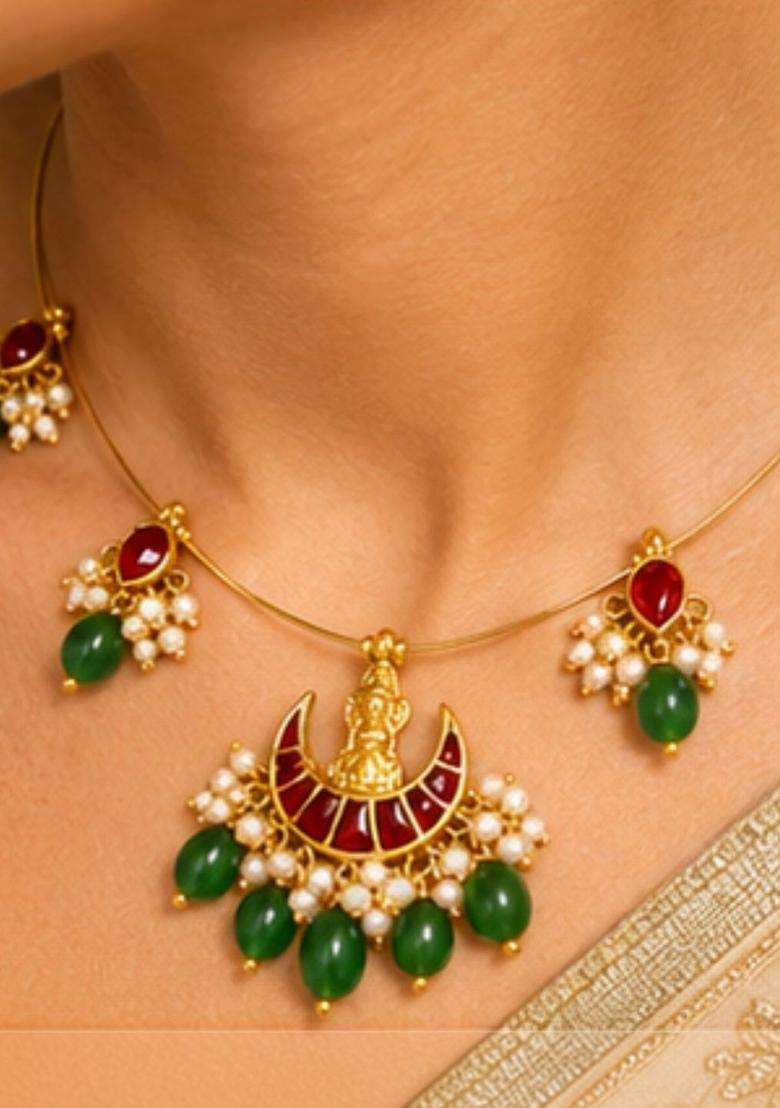 Multi Color Gold-Plated Kundan Studded Necklace for Women | Traditional Temple Jewellery for Wedding & Festive Wear | Gift for Her - Indya