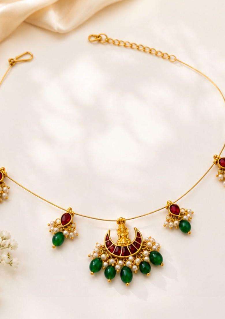 Multi Color Gold-Plated Kundan Studded Necklace for Women | Traditional Temple Jewellery for Wedding & Festive Wear | Gift for Her - Indya