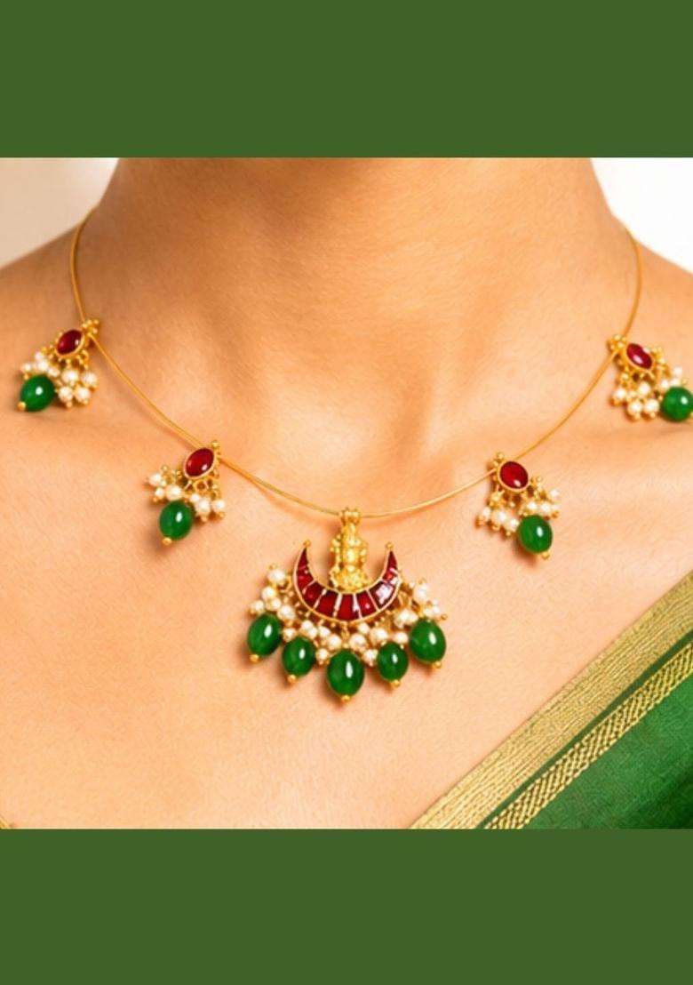 Multi Color Gold-Plated Kundan Studded Necklace for Women | Traditional Temple Jewellery for Wedding & Festive Wear | Gift for Her - Indya