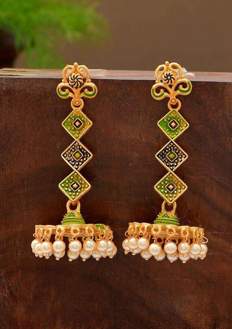 Gold-Toned & Green Contemporary Jhumkas Earrings for Women | Traditional Temple Jewellery for Wedding & Festive Wear | Gift for Her - Indya