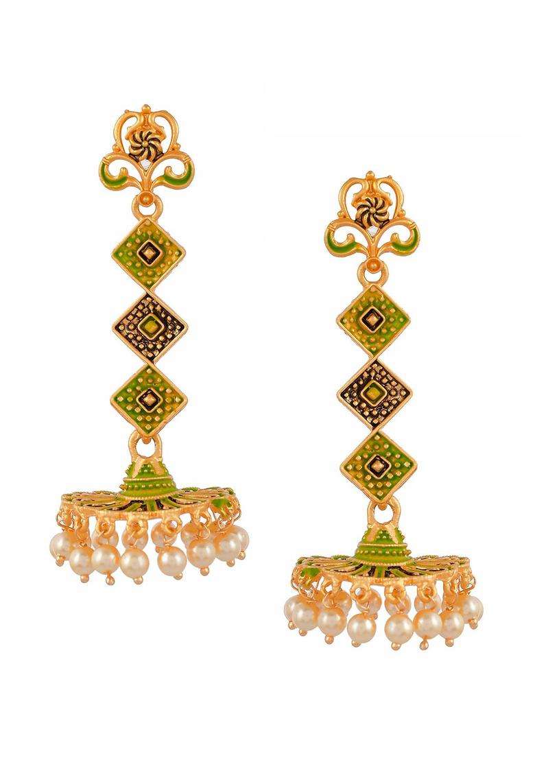 Gold-Toned & Green Contemporary Jhumkas Earrings for Women | Traditional Temple Jewellery for Wedding & Festive Wear | Gift for Her - Indya
