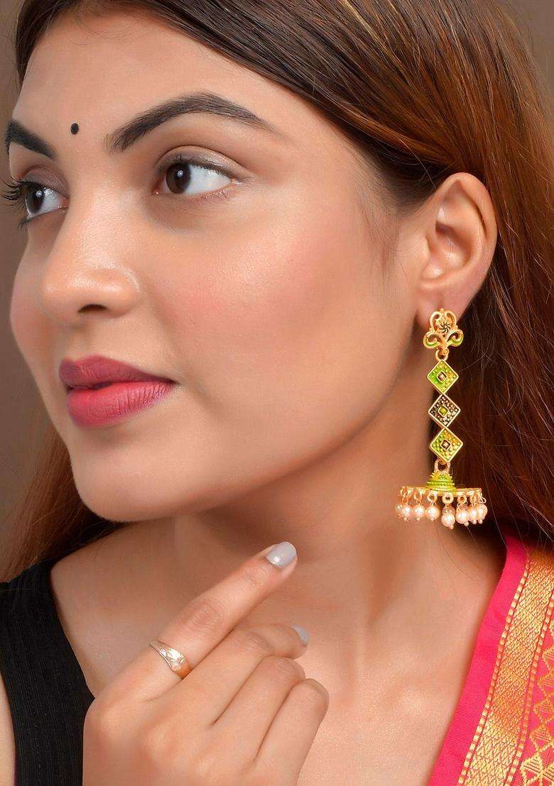 Gold-Toned & Green Contemporary Jhumkas Earrings for Women | Traditional Temple Jewellery for Wedding & Festive Wear | Gift for Her - Indya