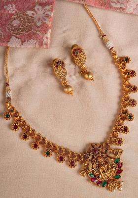 Gold-Plated Red & Green Stone-Studded Handcrafted Temple Jewellery Set for Women | Traditional Temple Jewellery for Wedding & Festive Wear | Gift for Her