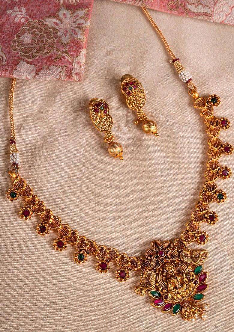 Gold-Plated Red & Green Stone-Studded Handcrafted Temple Jewellery Set for Women | Traditional Temple Jewellery for Wedding & Festive Wear | Gift for Her - Indya