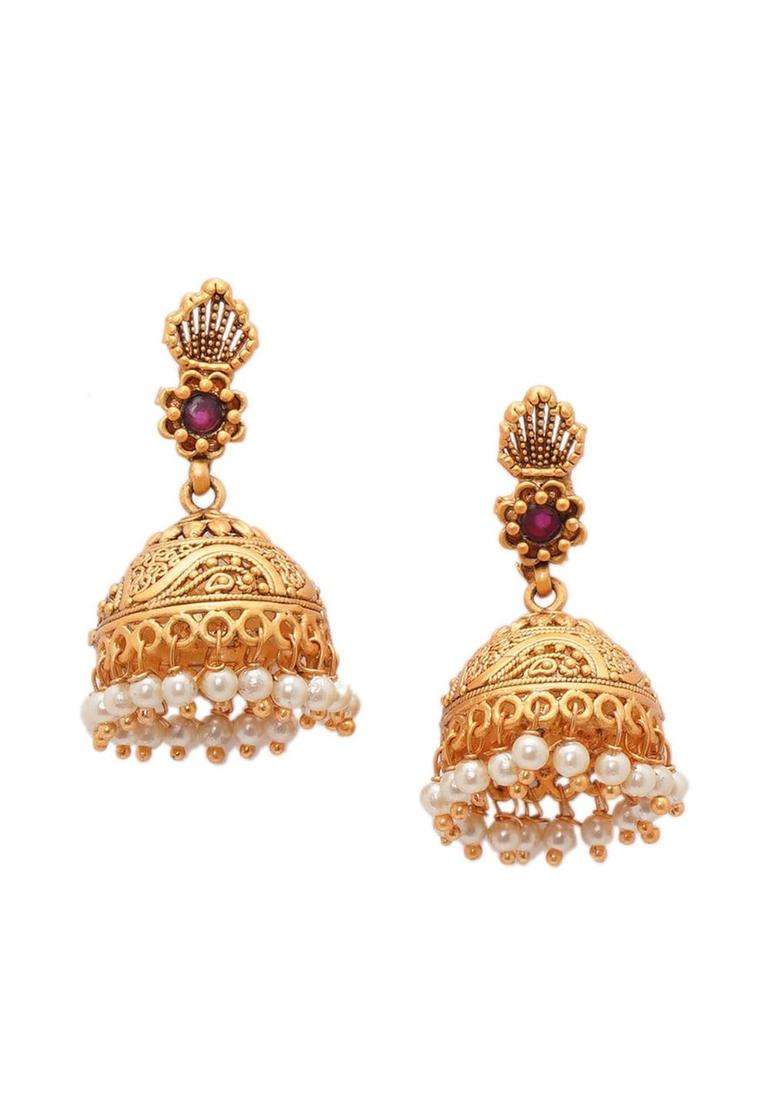 Gold-Plated Red & Green Stone-Studded Handcrafted Temple Jewellery Set for Women | Traditional Temple Jewellery for Wedding & Festive Wear | Gift for Her - Indya