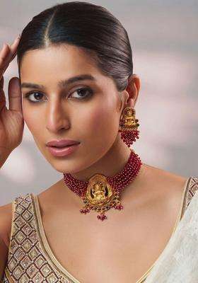 Gold-Plated Temple Stone Studded & Beaded Necklace and Earrings for Women | Traditional Temple Jewellery for Wedding & Festive Wear | Gift for Her