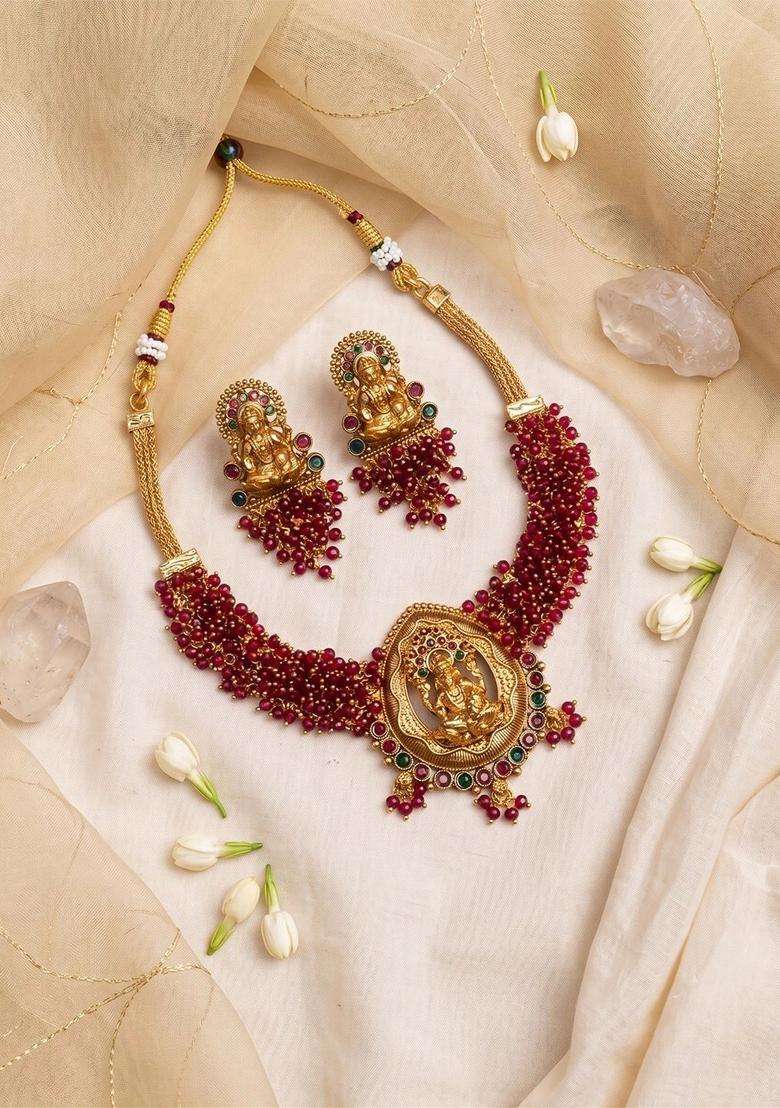 Gold-Plated Temple Stone Studded & Beaded Necklace and Earrings for Women | Traditional Temple Jewellery for Wedding & Festive Wear | Gift for Her - Indya