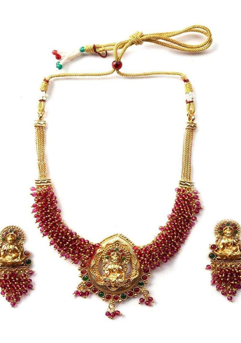 Gold-Plated Temple Stone Studded & Beaded Necklace and Earrings for Women | Traditional Temple Jewellery for Wedding & Festive Wear | Gift for Her - Indya