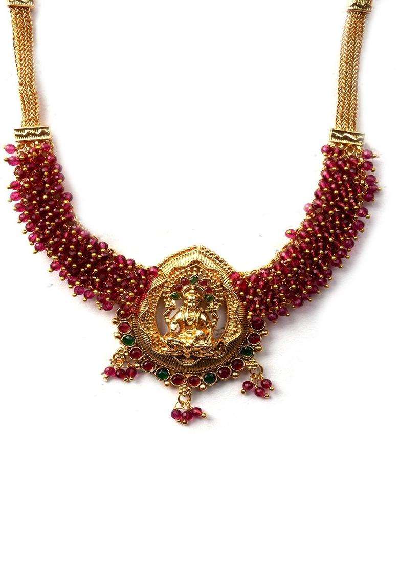 Gold-Plated Temple Stone Studded & Beaded Necklace and Earrings for Women | Traditional Temple Jewellery for Wedding & Festive Wear | Gift for Her - Indya