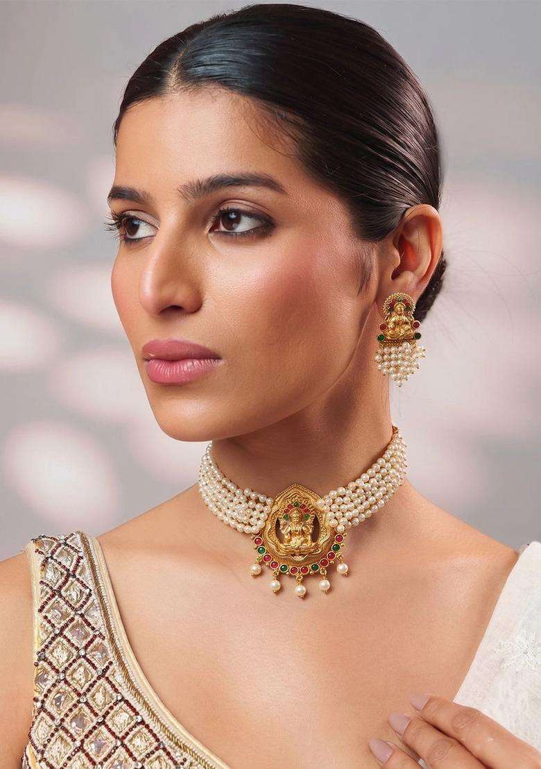 Gold-Plated Temple Stone Studded & Beaded Necklace and Earrings for Women | Traditional Temple Jewellery for Wedding & Festive Wear | Gift for Her - Indya