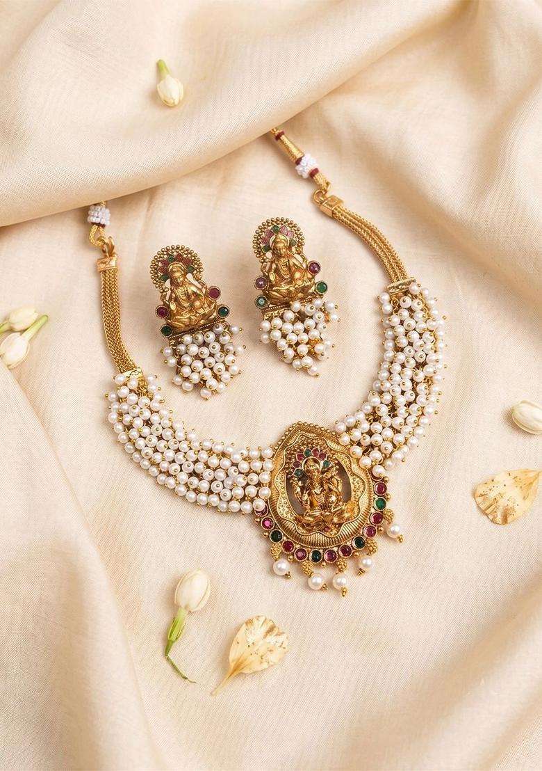Gold-Plated Temple Stone Studded & Beaded Necklace and Earrings for Women | Traditional Temple Jewellery for Wedding & Festive Wear | Gift for Her - Indya